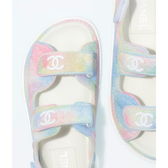 Chanel 22C Green Pink Blue White CC Logo Mule Slide Strap Flat Dad Sandal 39 - Picture 1 of 11